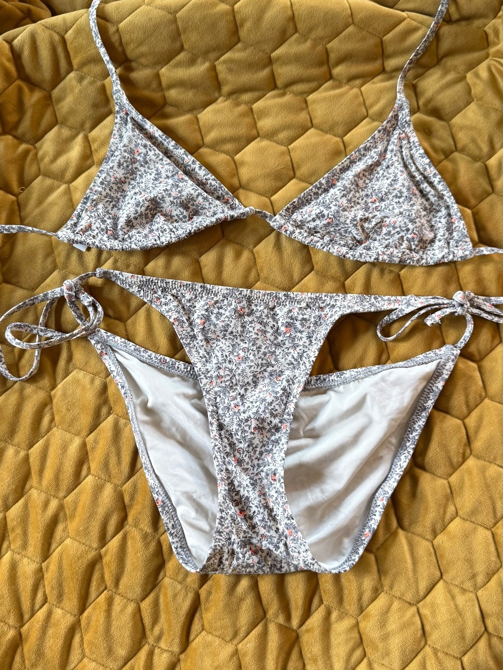 J. Crew Floral Triangle Bikini Set - Gray and Peach/Pink